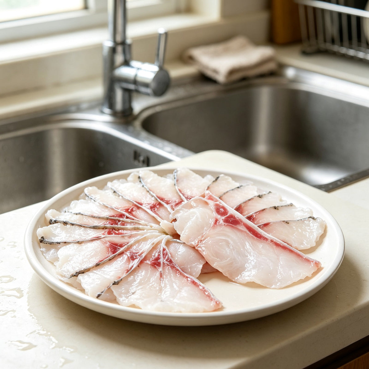 Seared carp slices in a pan