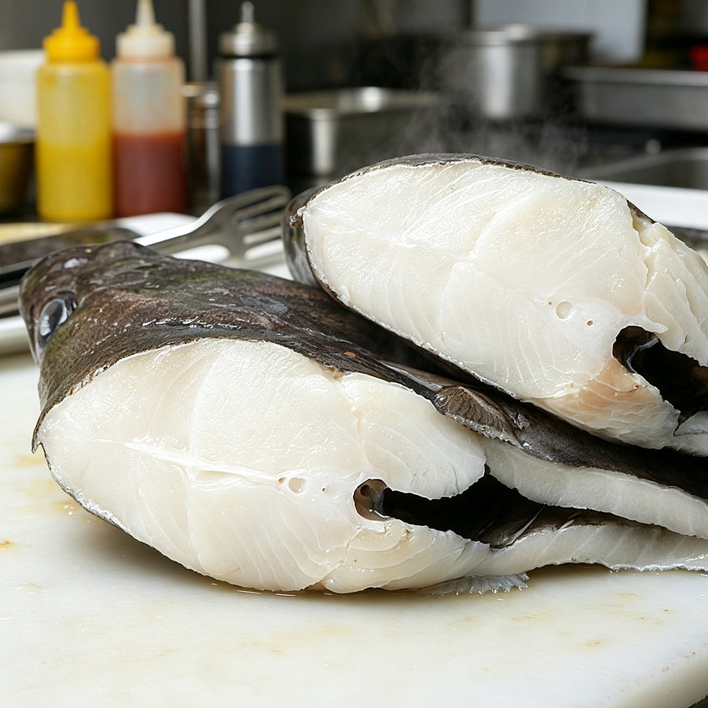 Halibut steak on a wooden board