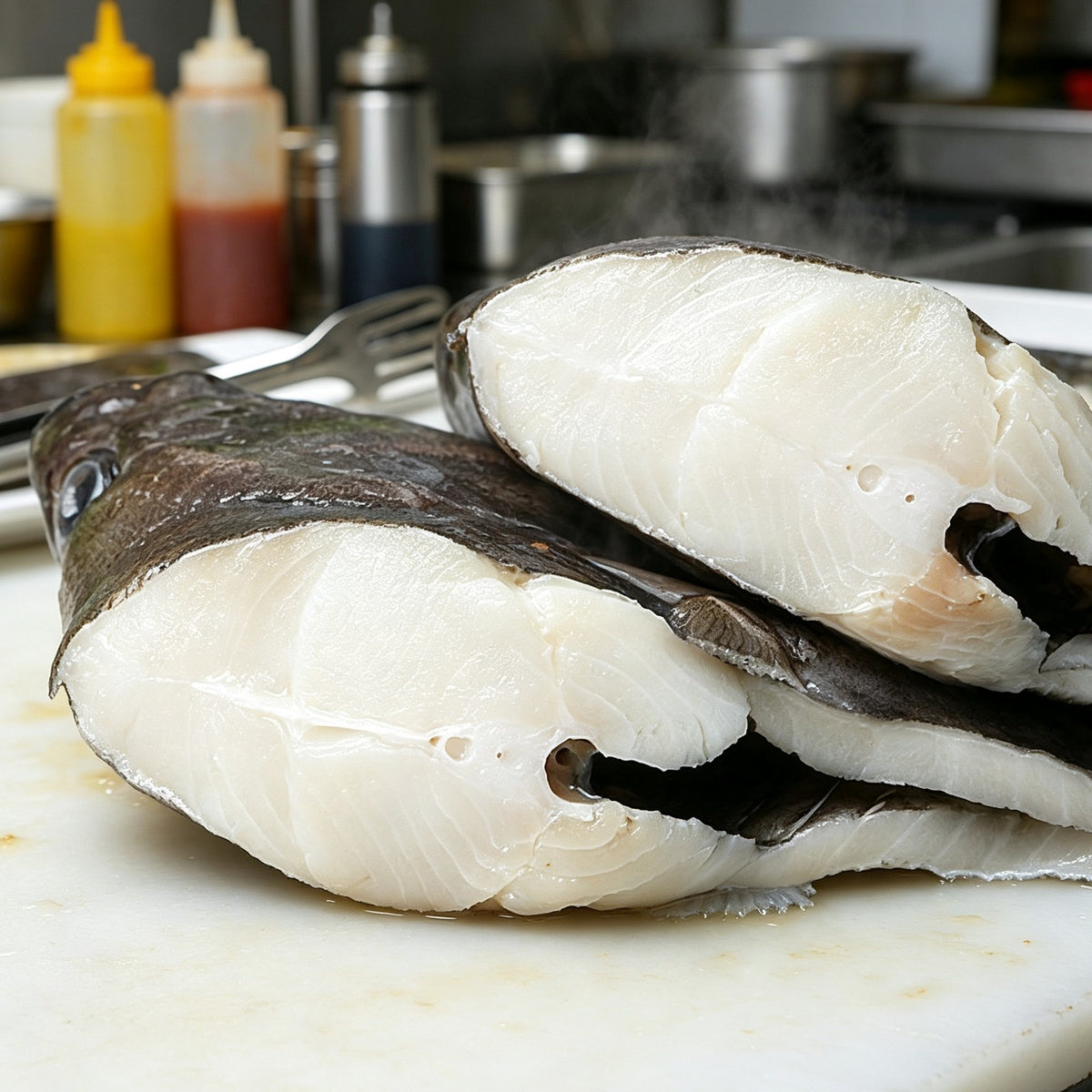Halibut steak on a wooden board