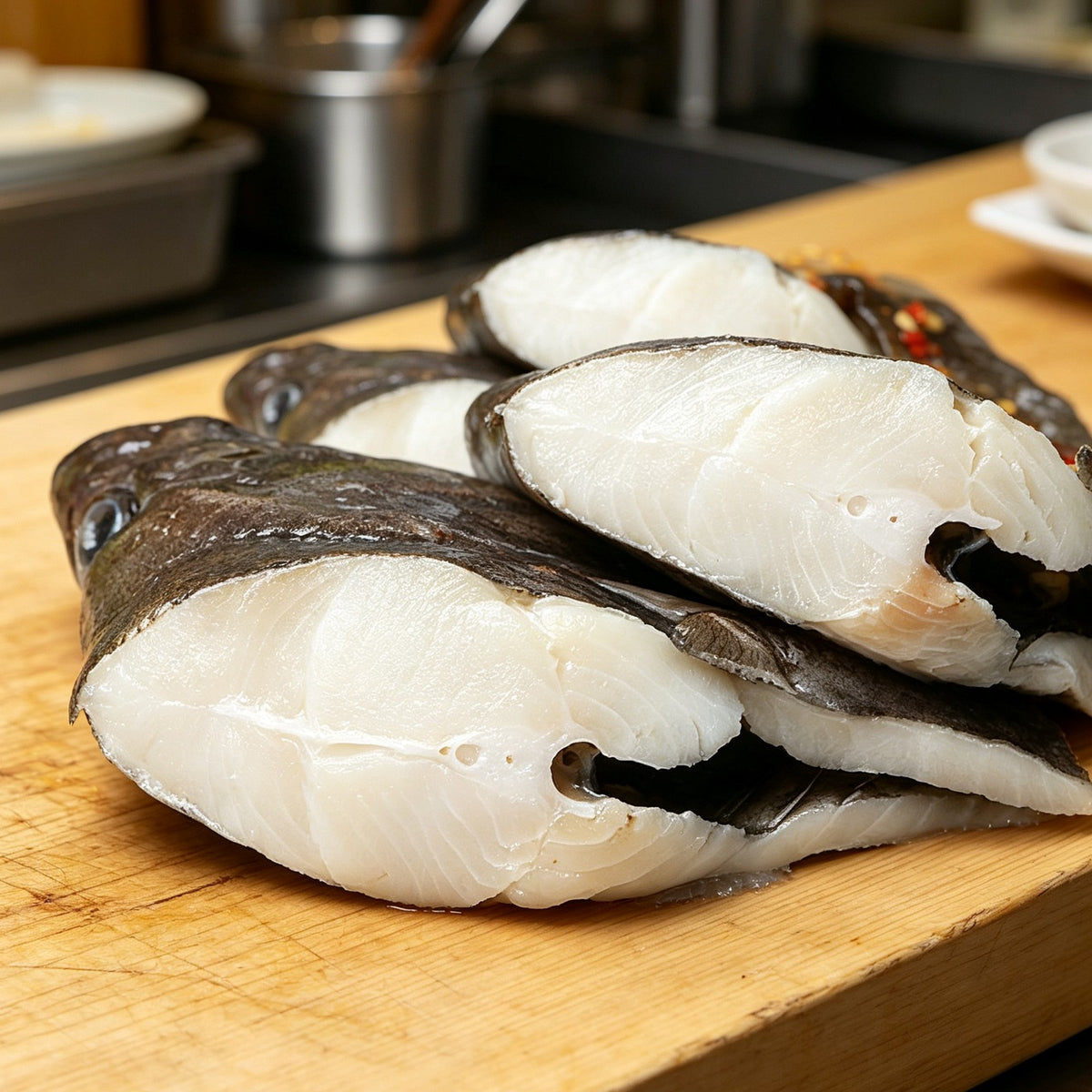 Halibut steak, close view of white flesh