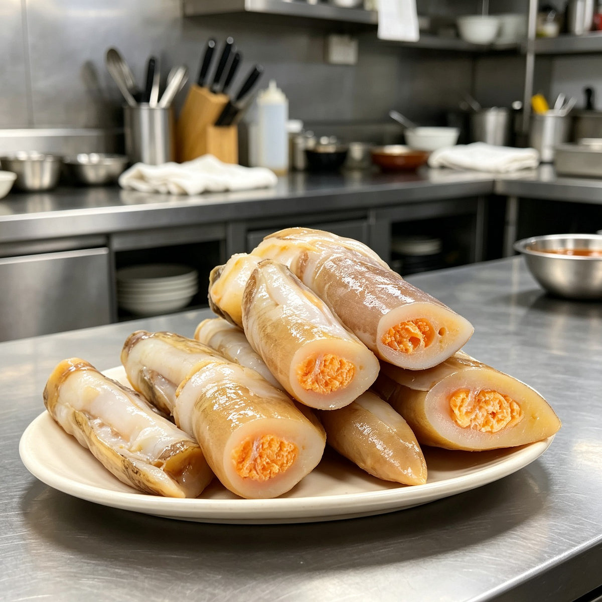 Razor clam meat with coral roe