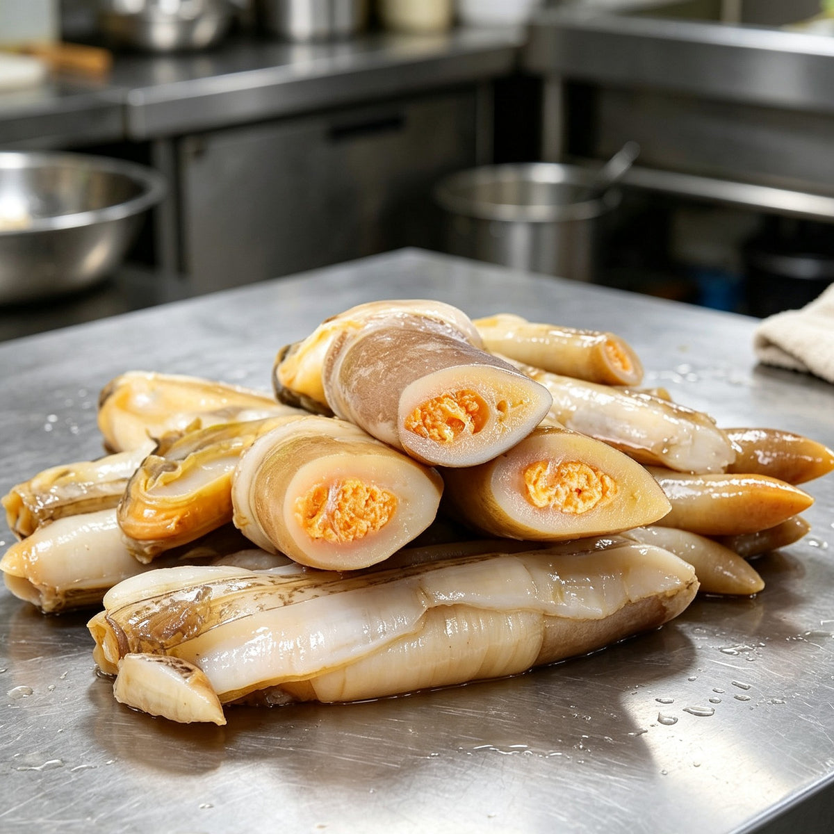 Razor clam meat on stainless steel