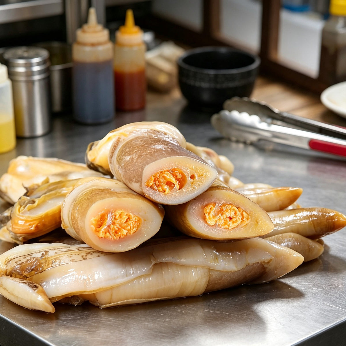 Razor clam meat, plump and glossy