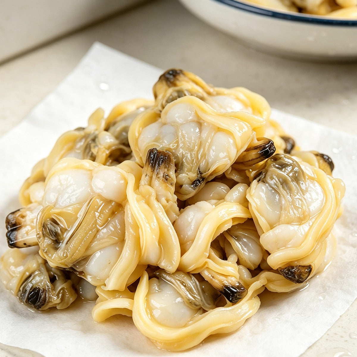 Shucked clam meat on paper