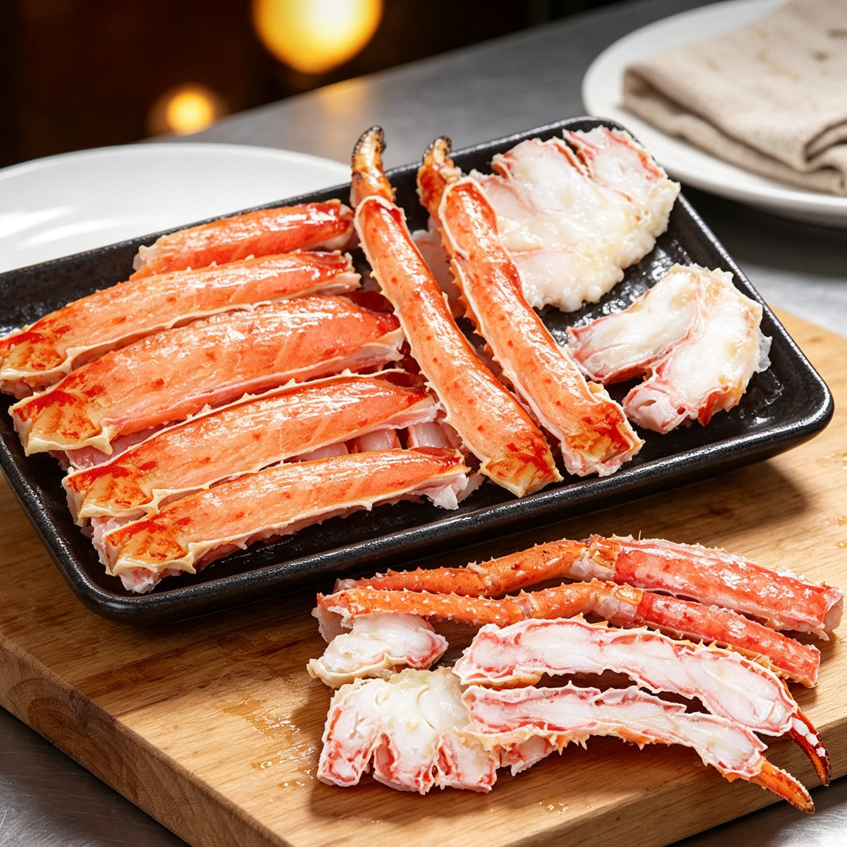 King crab legs on a black tray