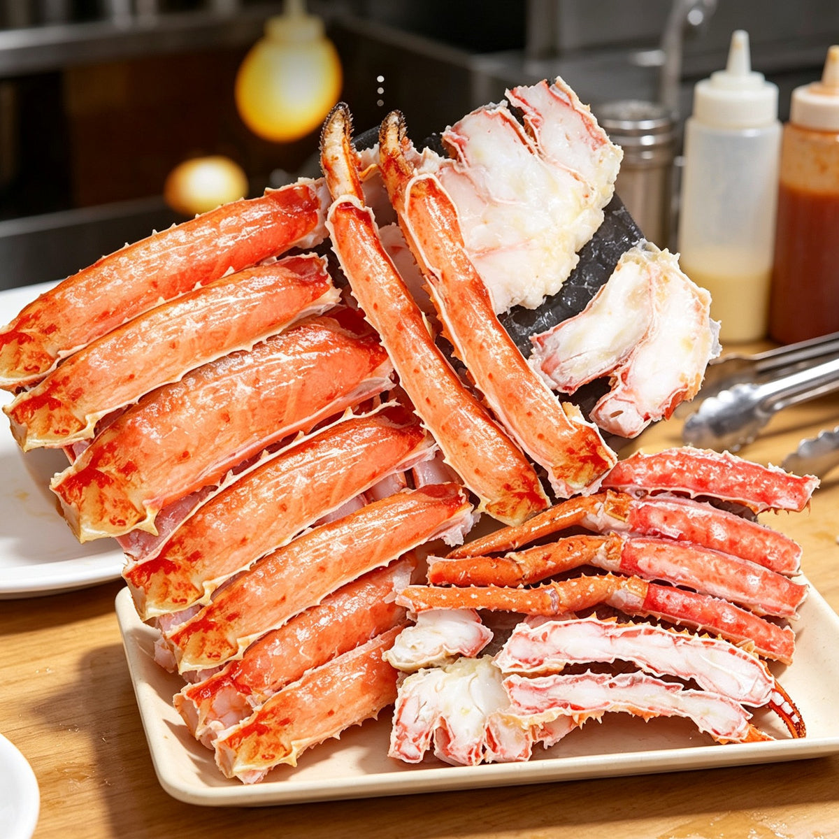 King crab legs and claws on a platter